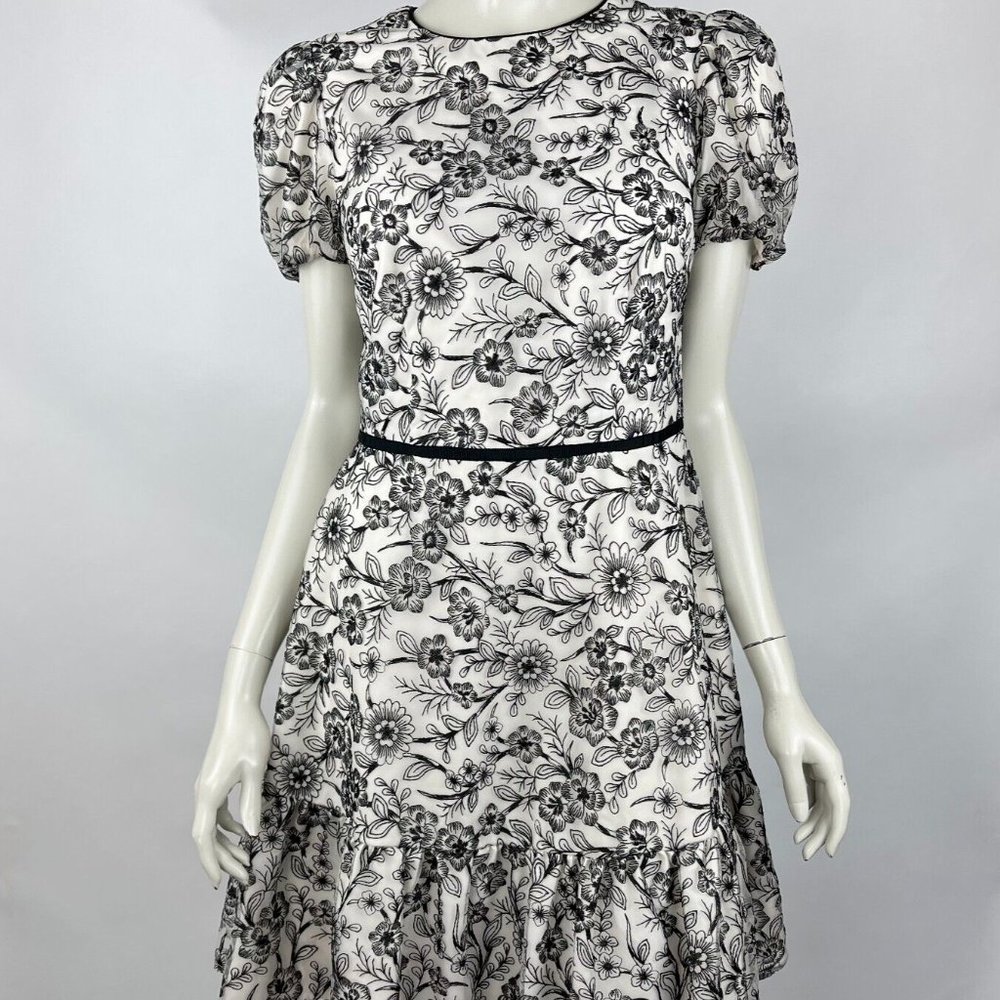 Gal Meets Glam Viola Raffia Embroidered Dress Women 6 EUC Ruffle Lined Crew Neck